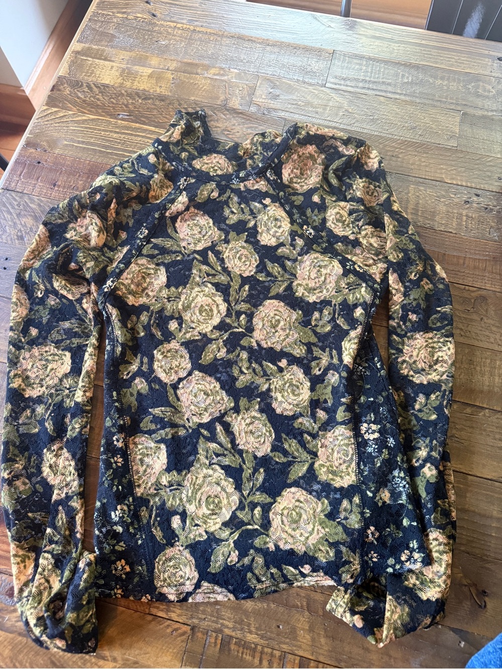 Free People Black Floral Long Sleeve Tee with Green and Pink Roses